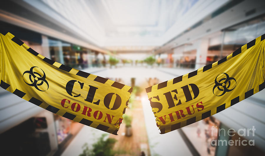 End Of Coronavirus Covid-19 Economic Lockdown. Tearing Caution Tape At Shopping Mall. Photograph