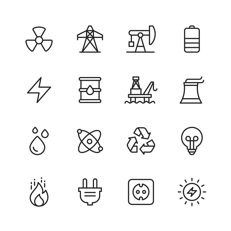 Energy and Power Icons. Editable Stroke. Pixel Perfect. For Mobile and Web. Contains such icons as Energy, Power, Renewable Energy, Electricity, Electric Car, Coal, Gas, Nuclear Power, Battery, Factory. Drawing by Rambo182