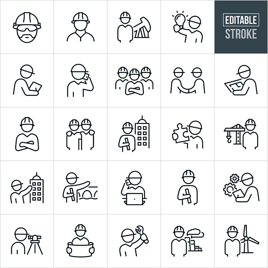 Engineers Thin Line Icons - Editable Stroke Drawing by Appleuzr