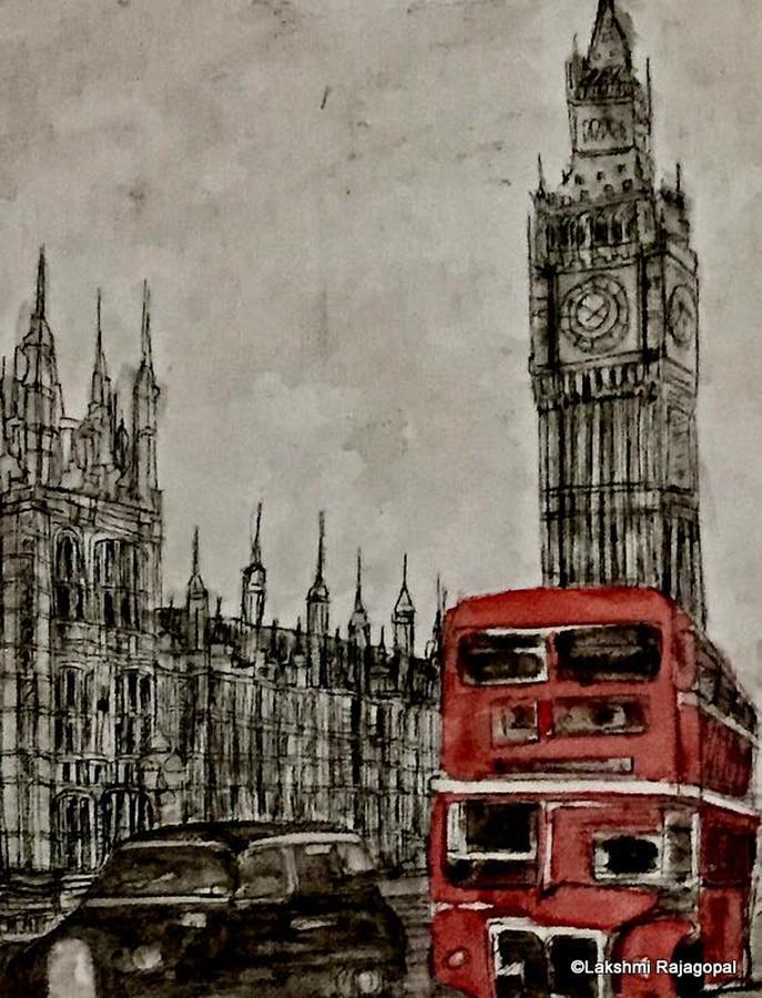 England - Double decker, Big Ben Painting by Lakshmi Rajagopal England - Double decker, Big Ben Painting by Lakshmi Rajagopal
