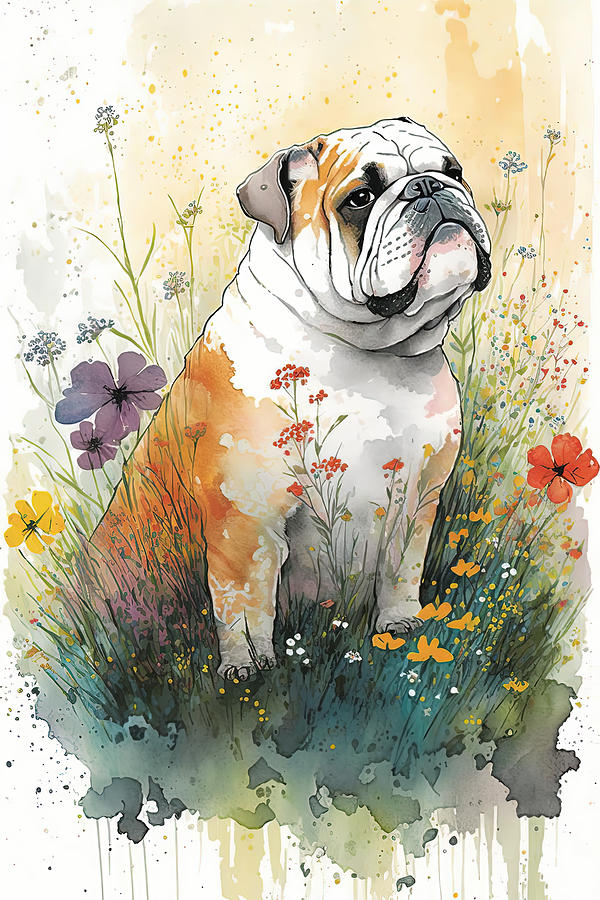 English Bulldog in flower field 2 Digital Art by Debbie Brown