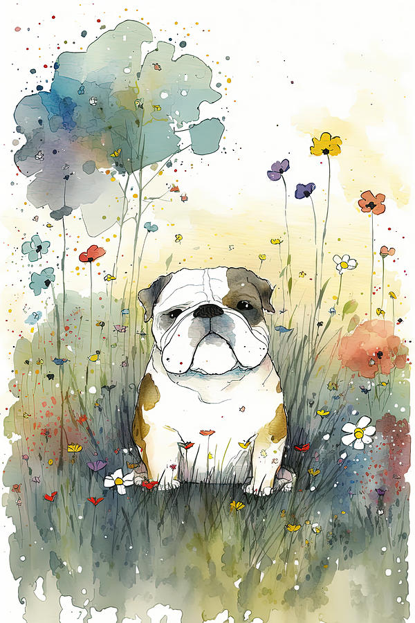 English Bulldog in flower field 4 Digital Art by Debbie Brown