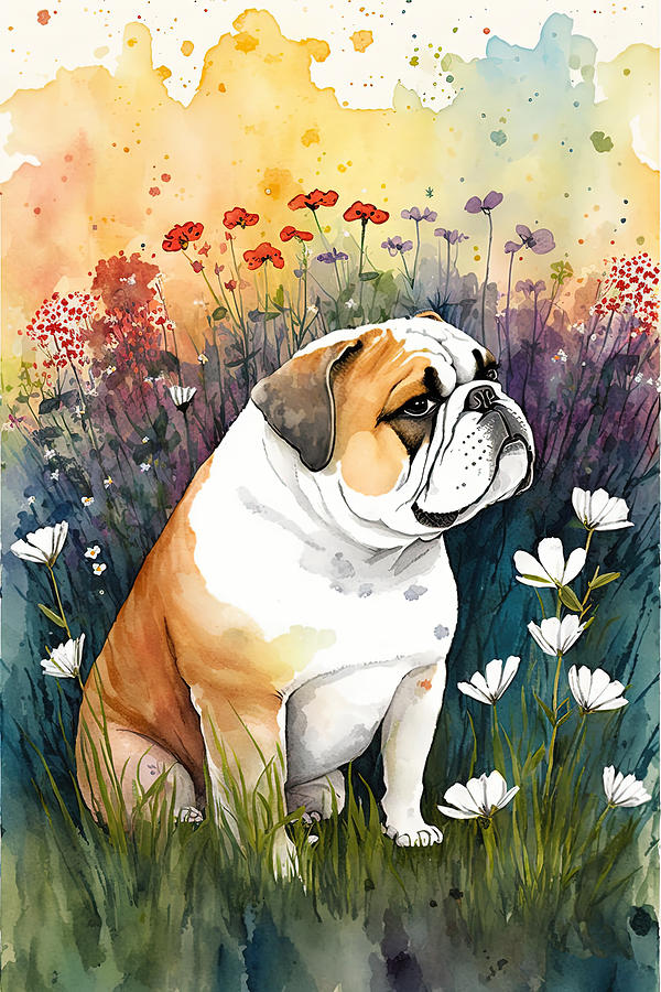 English Bulldog in flower field 5 Digital Art by Debbie Brown