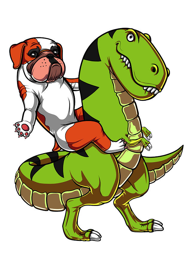 Cute English Bulldog Digital Art - English Bulldog Riding T-Rex Dinosaur by Nikolay Todorov