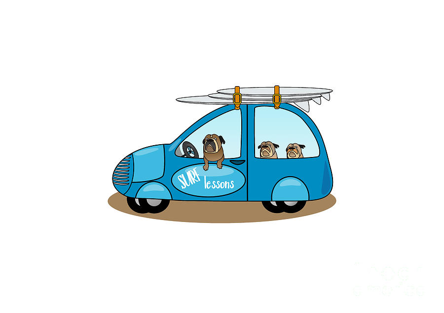 English Bulldogs in a Surf Van Digital Art by Barefoot Bodeez Art