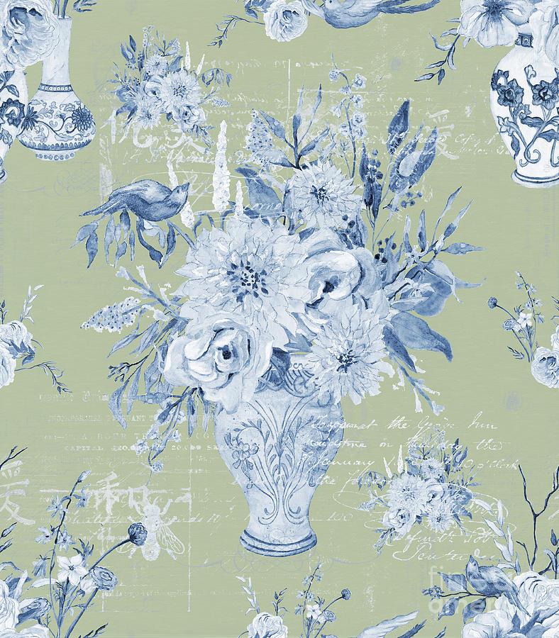 English Chinoiserie Floral w Birds Blue and Mint Sage Gre Painting by Audrey Jeanne Roberts