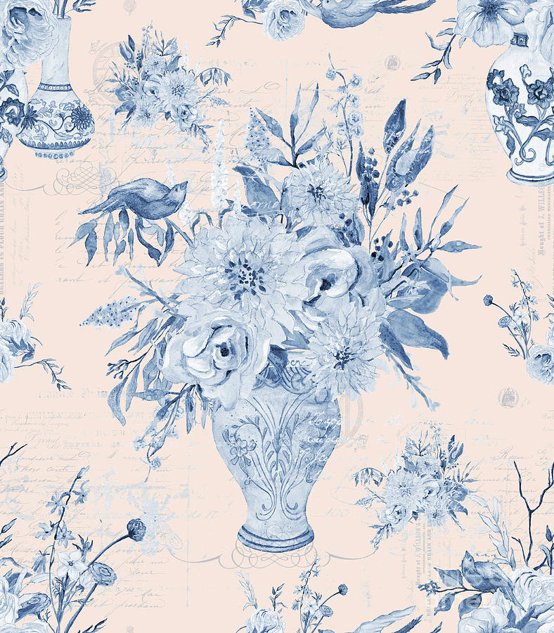 English Chinoiserie Floral  w Birds Blue and Pink  Painting by Audrey Jeanne Roberts