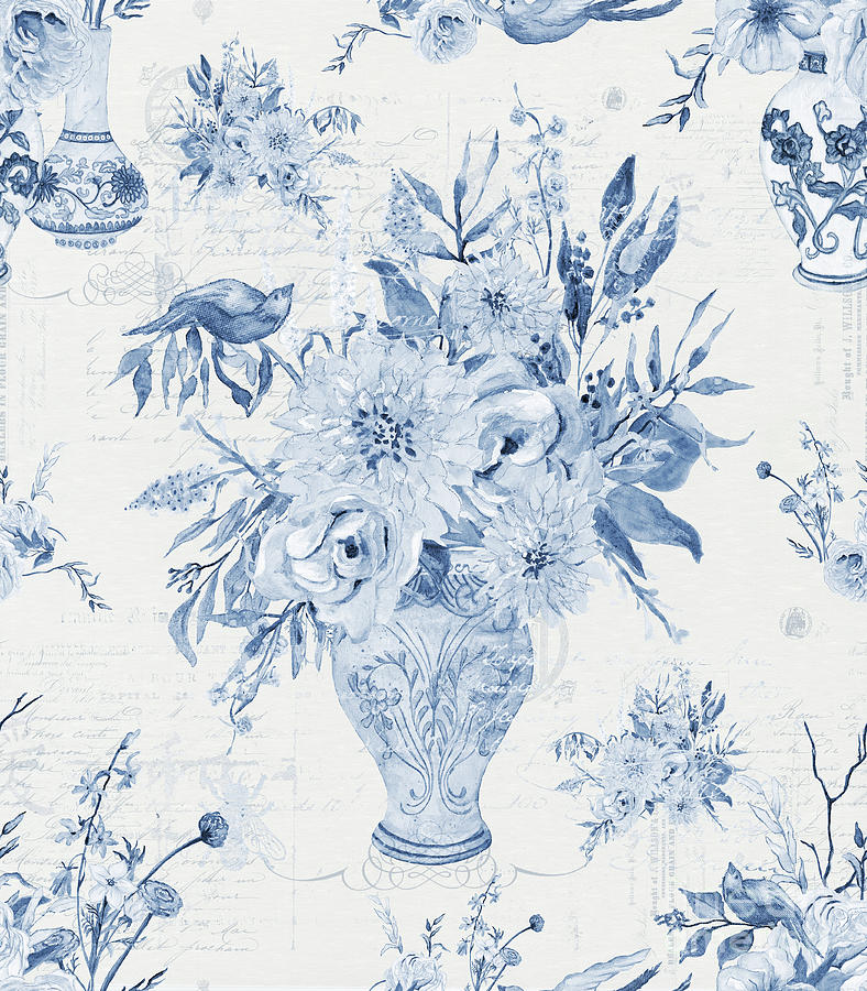 English Chinoiserie Floral  w Birds Blue and White  Painting by Audrey Jeanne Roberts