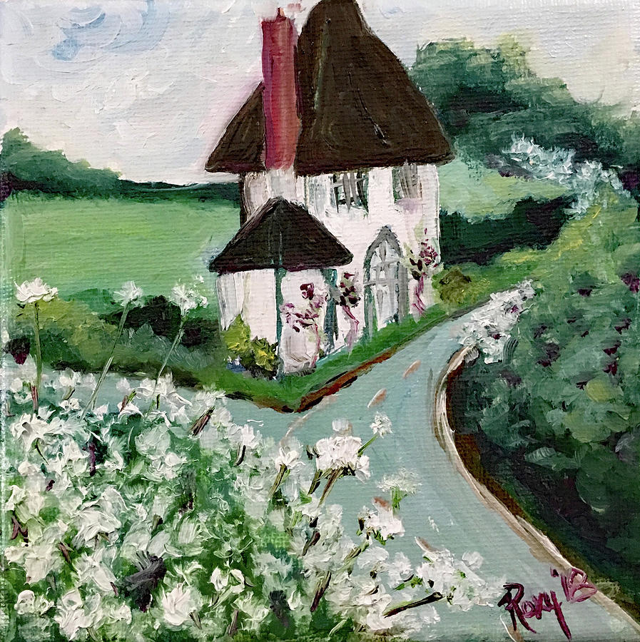 English Country White Thatched Cottage Painting by Roxy Rich