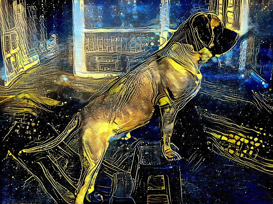 English Mastiff climbing a ladder - starry blue with yellow colorful painting Digital Art by Nicko Prints