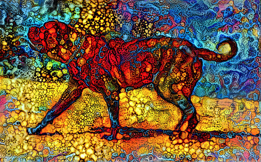 English Mastiff waiting for a treat - colorful abstract painting in blue, yellow and red Digital Art by Nicko Prints