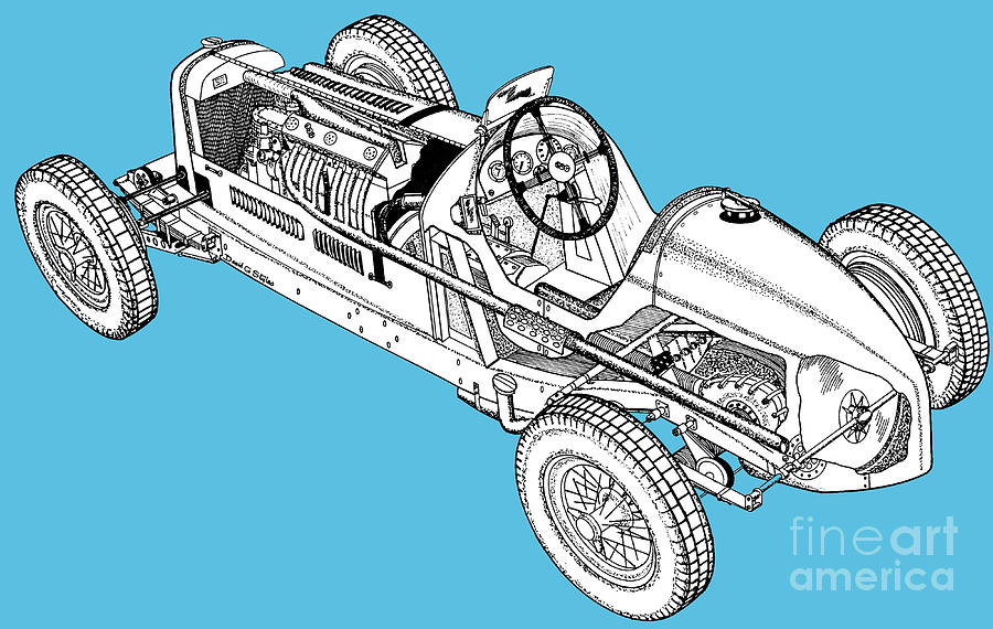 English Racing Automobiles ERA A Type. Cutaway car art Drawing by