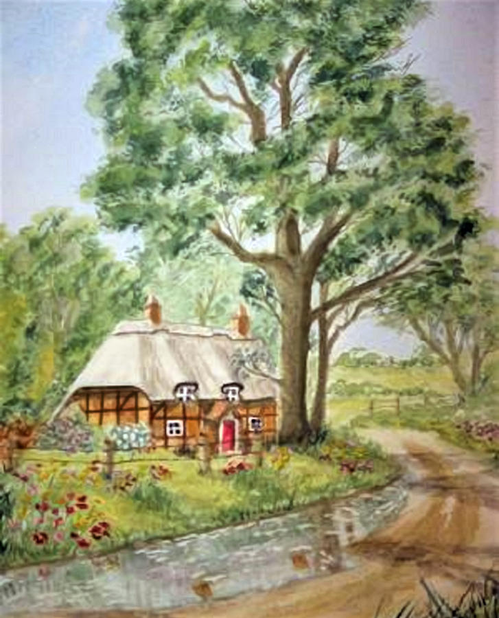 English Thatched Roof Cottage Painting by Kelly Mills