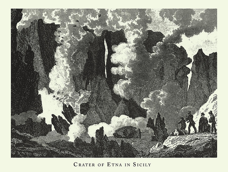 Engraved Antique, Crater of Etna in Sicily, Volcanoes, Geysers, and Water Falls Engraving Antique Illustration, Published 1851 Drawing by Bauhaus1000