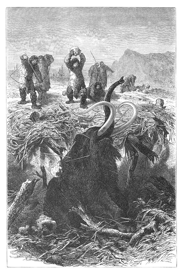 Engraving hunters killing mammoth at ice age Drawing by Grafissimo