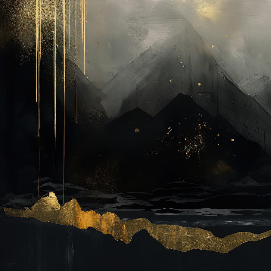 Enigmatic Terrain - Abstract Landscape in Black and Gold Painting by Lourry Legarde