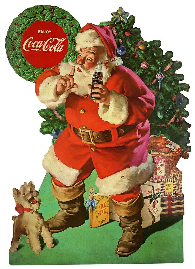 Sign Digital Art - Enjoy Coca Cola Santa Claus Holding Coke Bottle Sshing Dog by Christmas Tree Antique Ad MGS145 by Cody Cookston