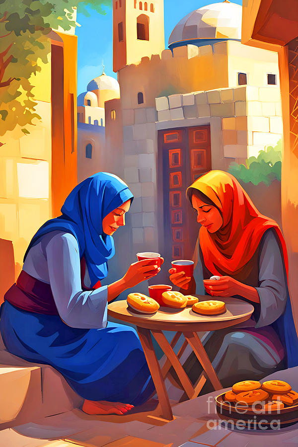 Enjoying Coffee in the Old City of Jerusalem Painting by Munir Alawi
