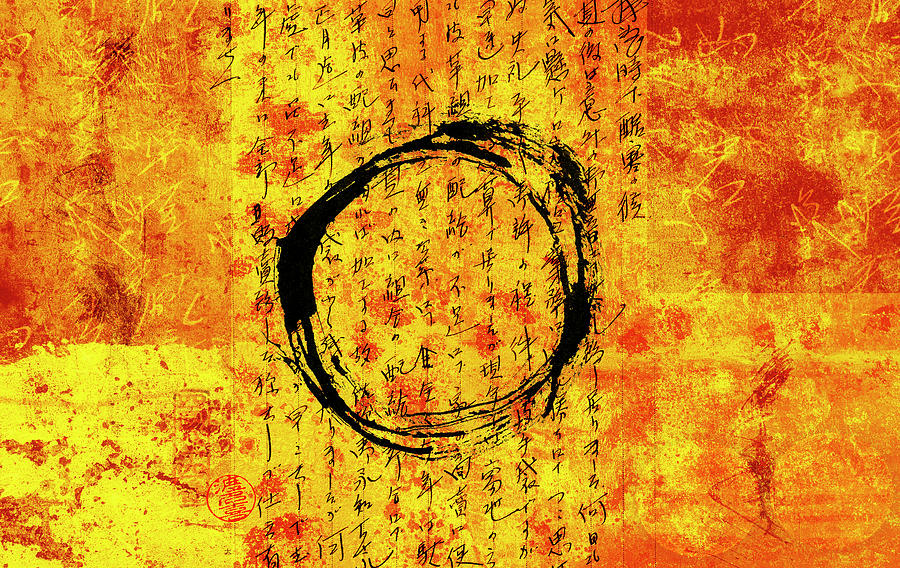 Enso Circle in Red and Gold Mixed Media by Carol Leigh