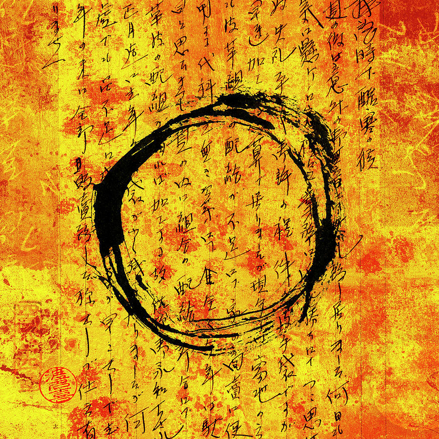 Enso Circle in Red and Gold Square Mixed Media by Carol Leigh