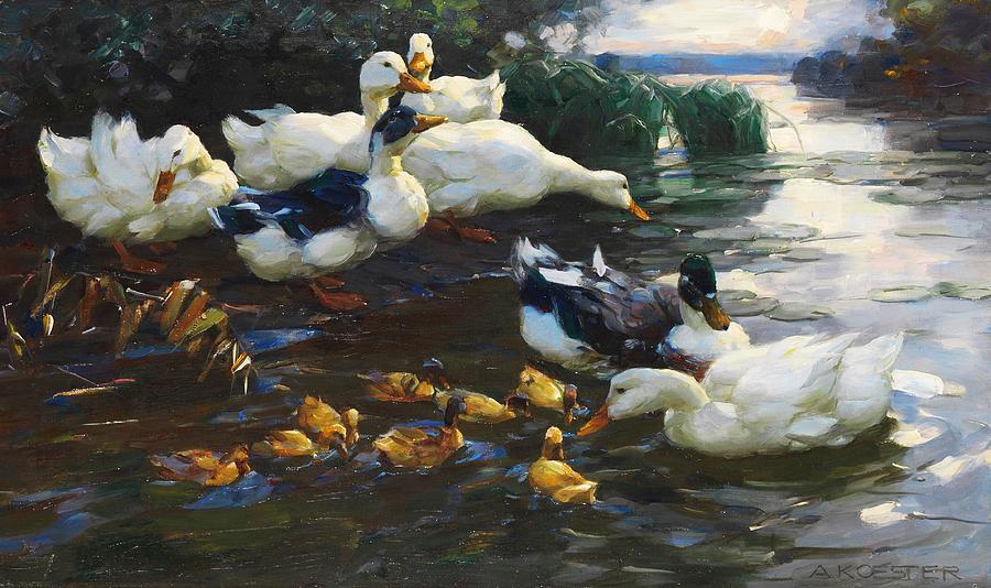 Enten mit Kuken im Wasser art Drawing by Alexander Koester German ...