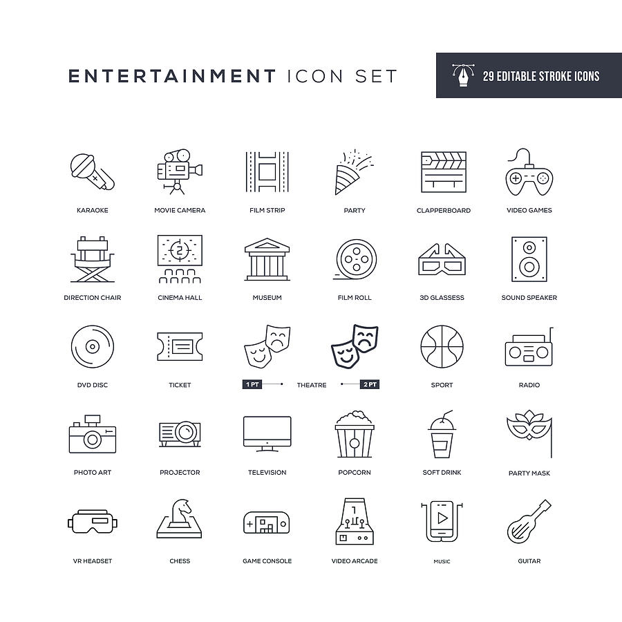 Entertainment Editable Stroke Line Icons Drawing by Enis Aksoy