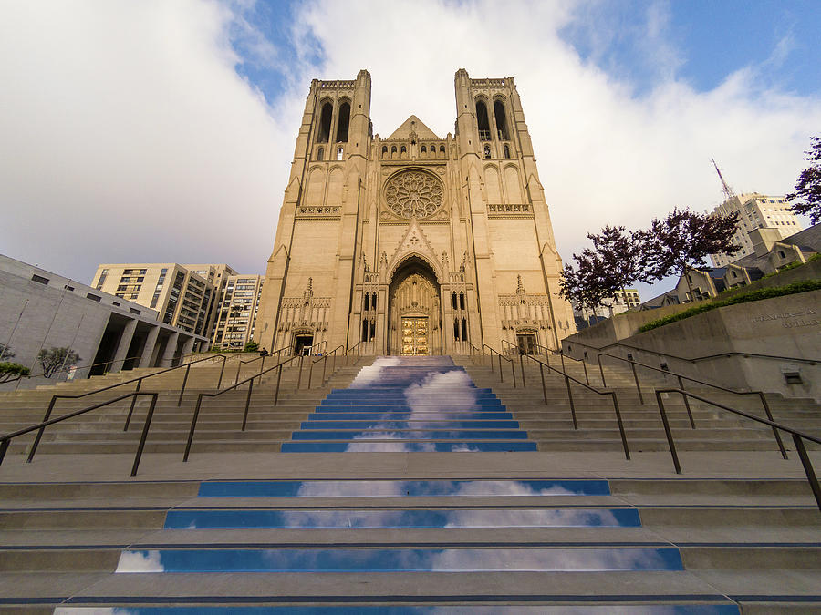 Entrance steps up to Grace Catholic Cathedral in San Francisco Photograph by Steven Heap
