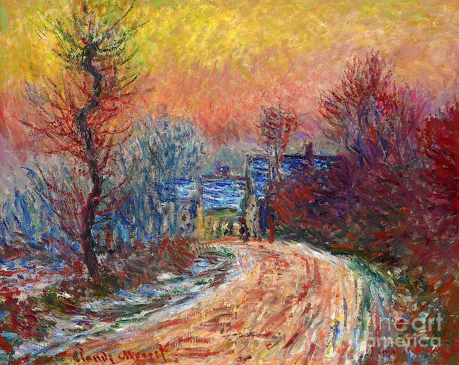 Entrance to Giverny in winter, setting sun Painting by Claude Monet