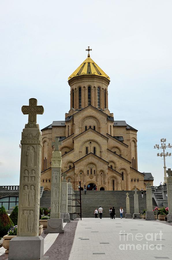 Byzantine Photograph - Entrance walkway to Georgian Orthodox Church Sameba Holy Trinity Cathedral Tbilisi Georgia by Imran Ahmed