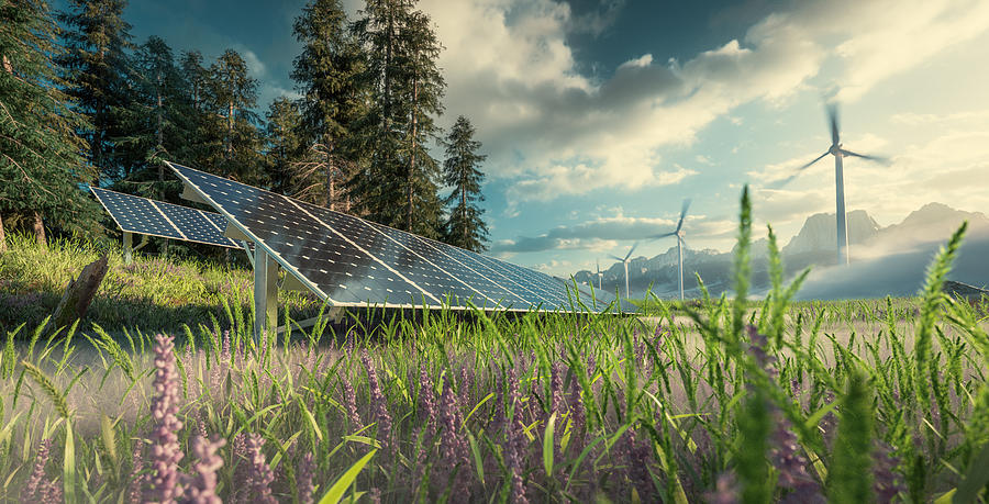 Environmentally friendly installation of photovoltaic power plant and wind turbine farm situated in beautiful fresh mountain scenery with nice warm late afternoon light. 3d rendering. Photograph by Petmal
