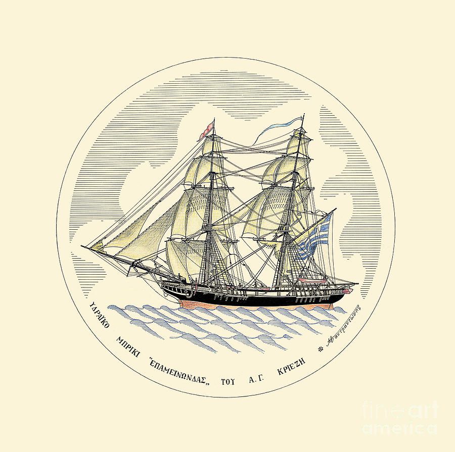 The brig Epaminondas - 1817 miniature Drawing by Panagiotis Mastrantonis
