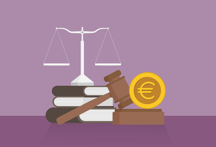 Equal-arm balance, a book, a gavel, and a Euro coin on a table Drawing by Tommy