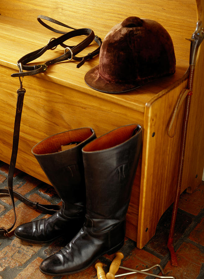 Equestrian Gear on a Bench Photograph by Janis Christie