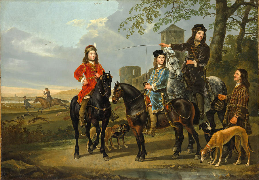 Aelbert Cuyp Painting - Equestrian Portrait of Cornelis and Michiel Pompe van Meerdervoort with Their Tutor and Coachman by Aelbert Cuyp