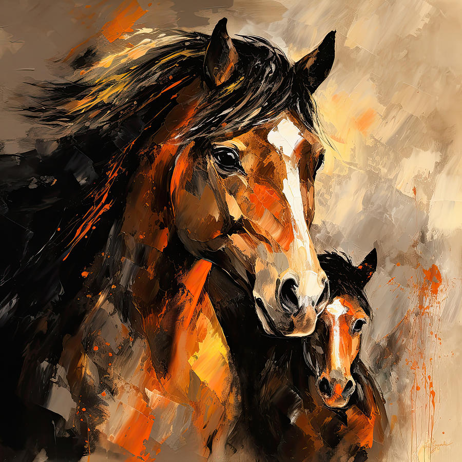 Mare And Foal Digital Art - Equine Love - Mare and Foal Art by Lourry Legarde