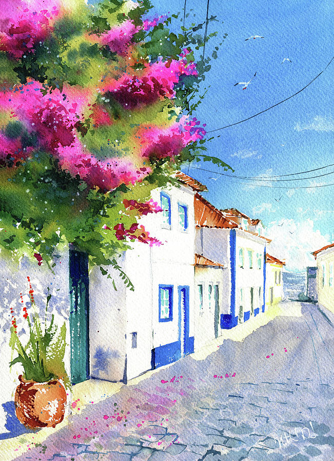 Ericeira Street With Bougainvillea Painting by Dora Hathazi Mendes