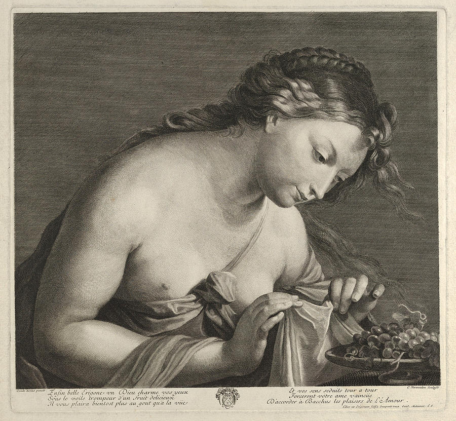 Erigone leaning over a platter of grapes and lifting a piece of cloth with both hands  Drawing by Cornelius Vermeulen