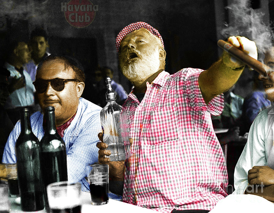 Bass Mixed Media -  Ernest Hemingway, enjoying a drink or two, Havana Club, Punch cigar by Thomas Pollart