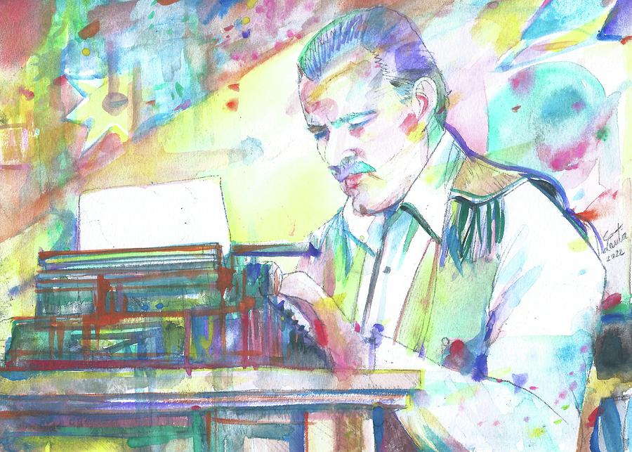 ERNEST HEMINGWAY typing - watercolor portrait Painting by Fabrizio Cassetta