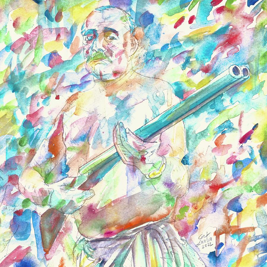 ERNEST HEMINGWAY with rifle - watercolor portrait Painting by Fabrizio Cassetta