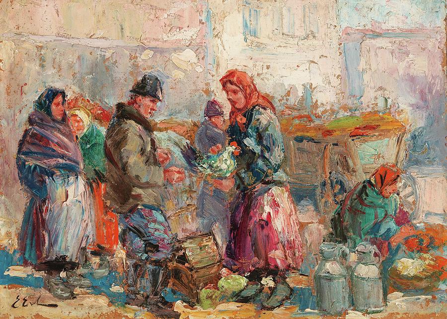 Erno Erb Lemberg  1878 to 1943 At the Market, Painting by MotionAge Designs