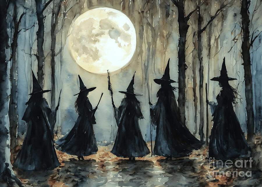 Witches Painting - Esbat - Witches Full Moon Meeting by Lyra OBrien