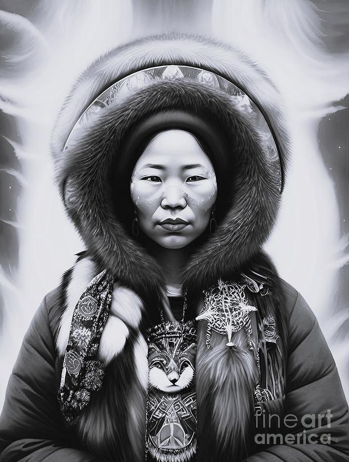 Eskimo Woman and the Northern Lights in BW Digital Art by Julie Kaplan ...