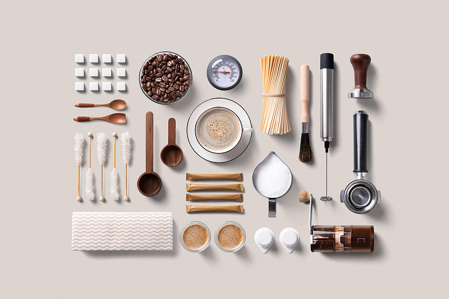 Espresso Coffee Supplies Knolling Flat Lay Photograph by MirageC