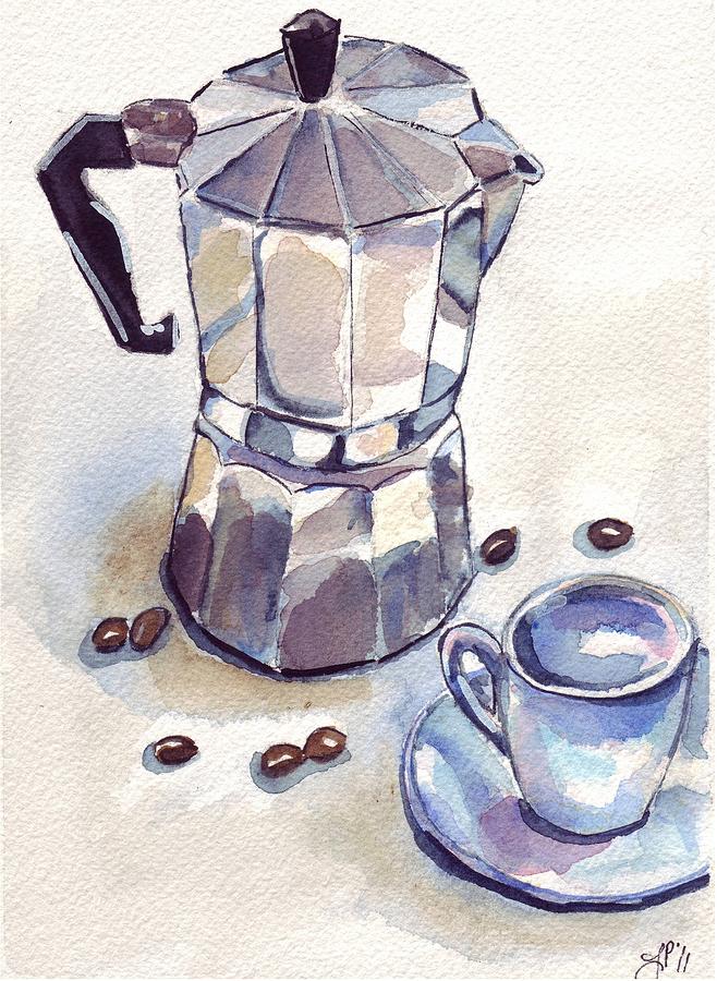 Coffee Painting - Espresso Maker w Cup by Johanna Pabst