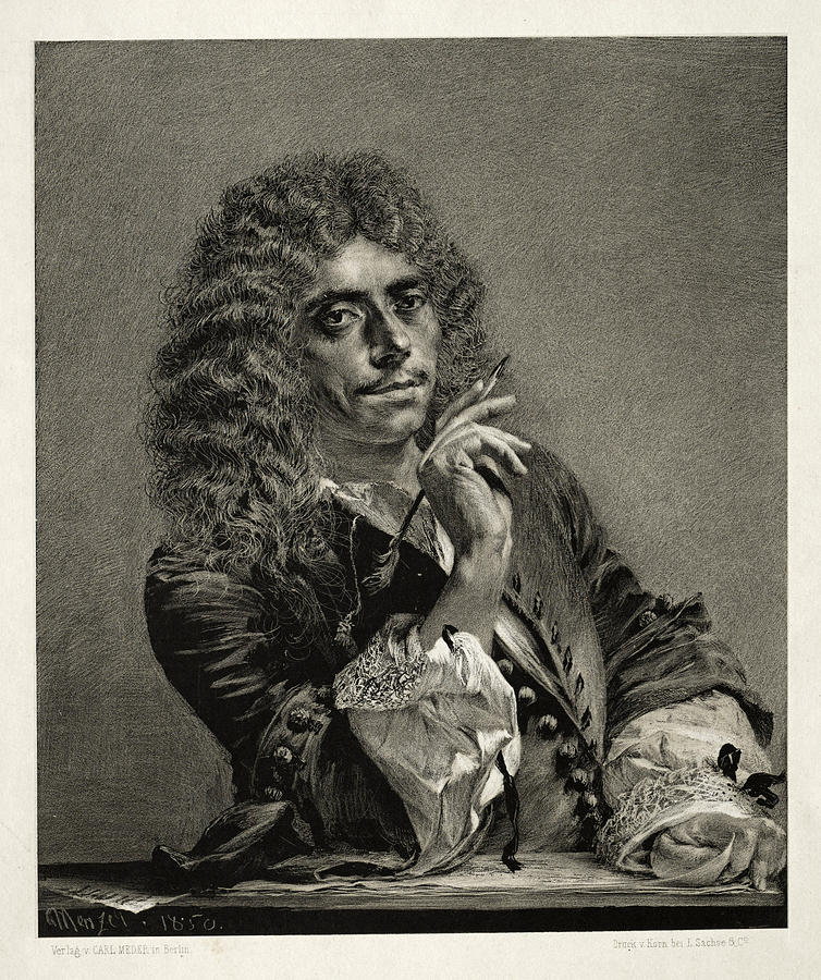 Essay on Stone with Brush and Scraper, Portrait of Moliere Drawing by Adolph von Menzel