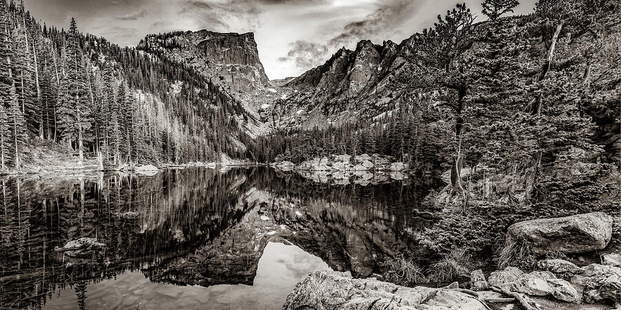 Estes Park Colorados Dream Lake Mountain Landscape - Sepia Edition Photograph by Gregory Ballos