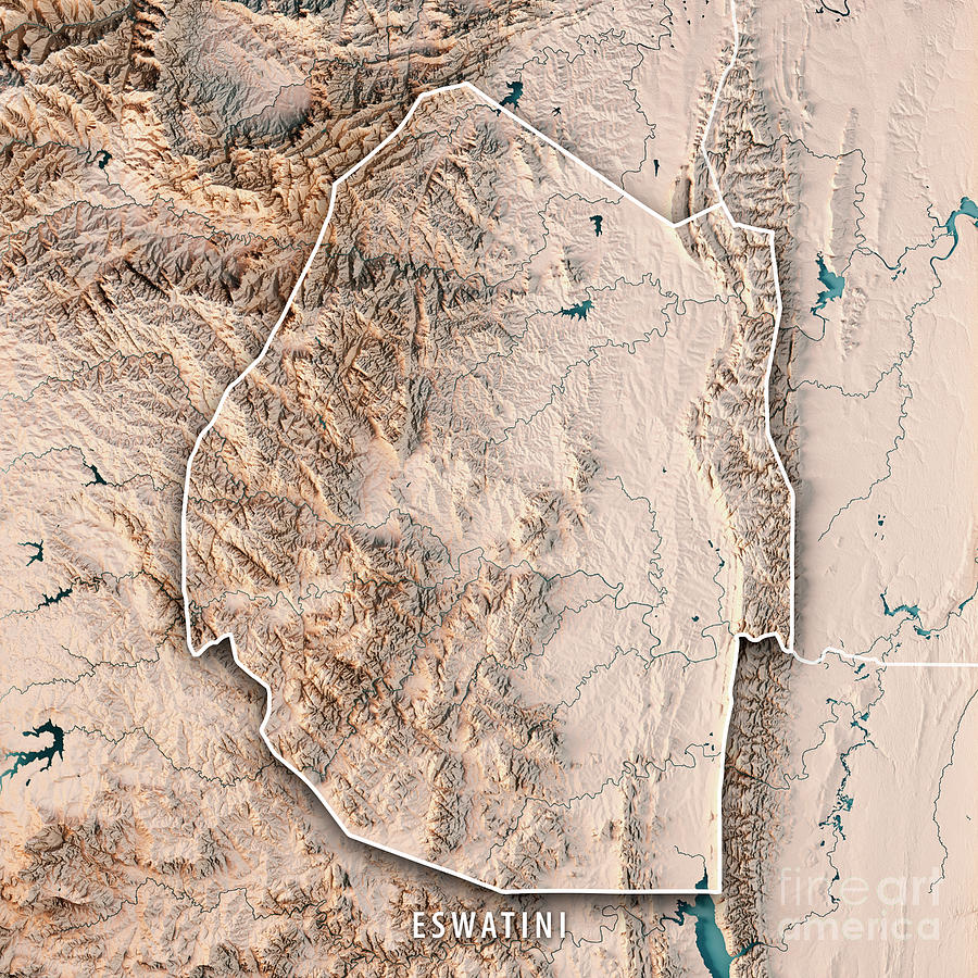 Map Digital Art - Eswatini 3D Render Topographic Map Neutral Border by Frank Ramspott