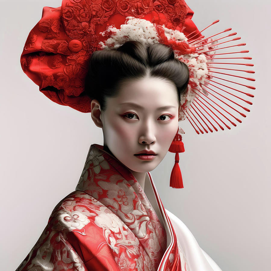 Eternal Beauty Portrait Of A Captivating Red Geisha Embracing Japanese Tradition Digital Art 0645