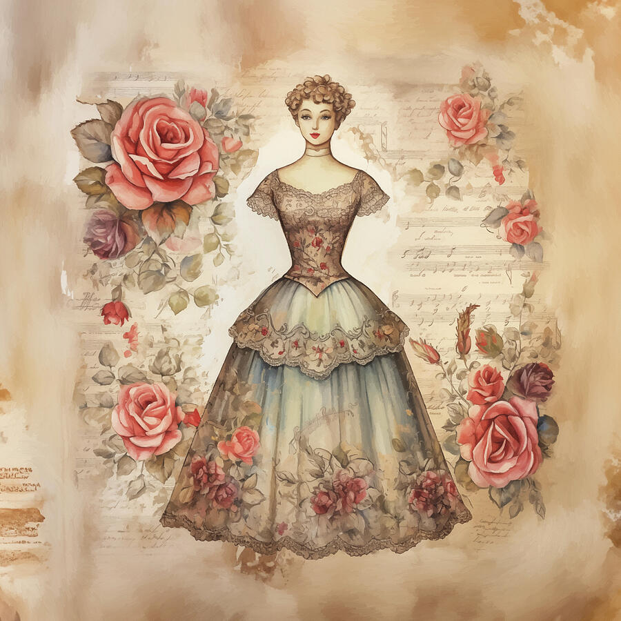 Vintage Mixed Media - Eternal Elegance A Victorian Lady Amidst Romantic Roses in Mixed Media by SJ Stalter